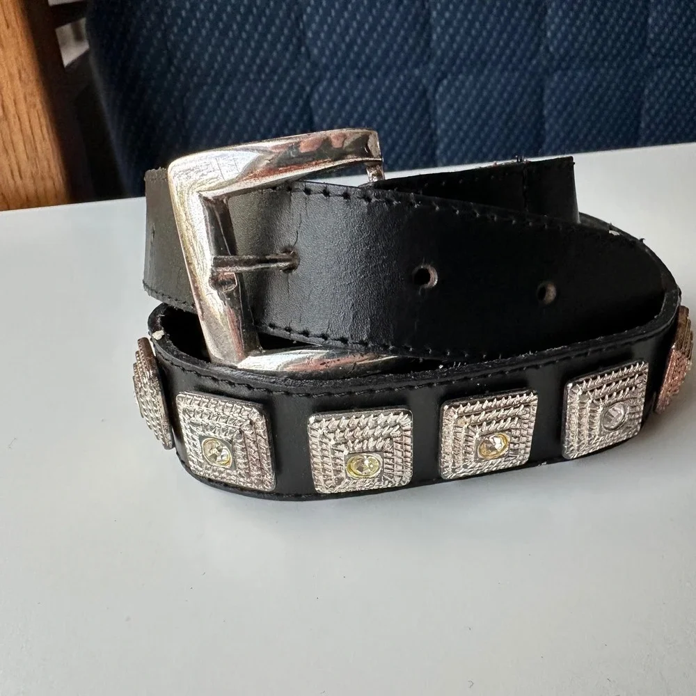 Vtg Compagnie Internationale EXPRESS Black Leather Concho Belt Made In Italy L